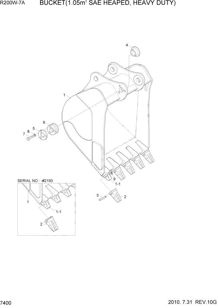 Схема запчастей Hyundai R200W7A - PAGE 7400 BUCKET(1.05M3 SAE HEAPED, HEAVY DUTY) РАБОЧЕЕ ОБОРУДОВАНИЕ