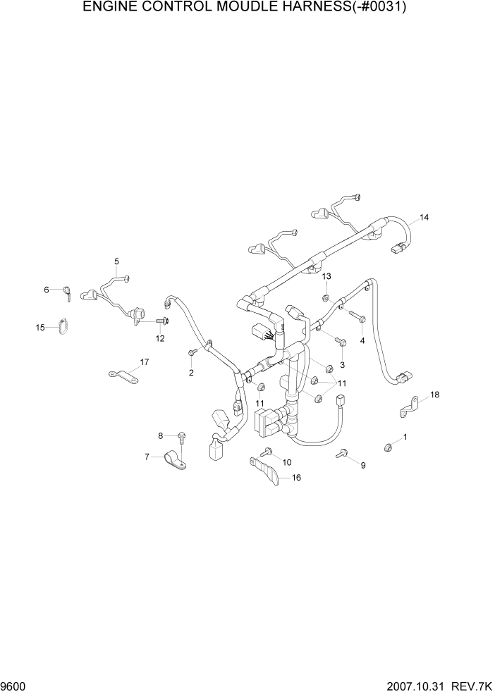 Схема запчастей Hyundai R200W7A - PAGE 9600 ENGINE CONTROL MODULE HARNESS(-#0031) ДВИГАТЕЛЬ БАЗА