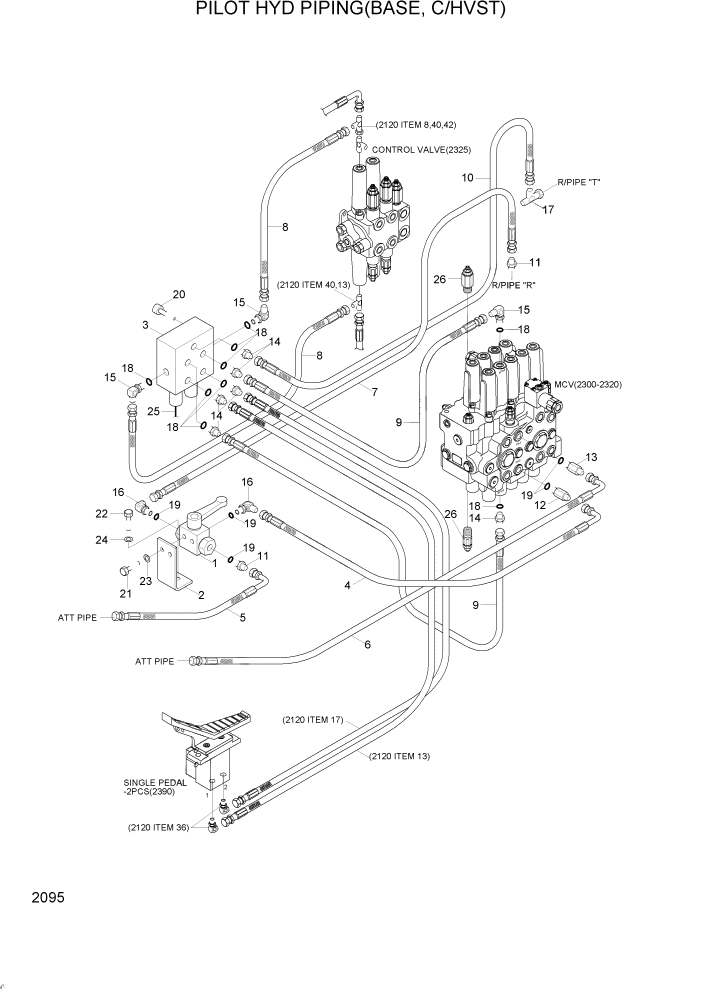 Схема запчастей Hyundai R95W3 - PAGE 2095 D/ACTING MAIN PIPING(MONO BOOM) ГИДРАВЛИЧЕСКАЯ СИСТЕМА