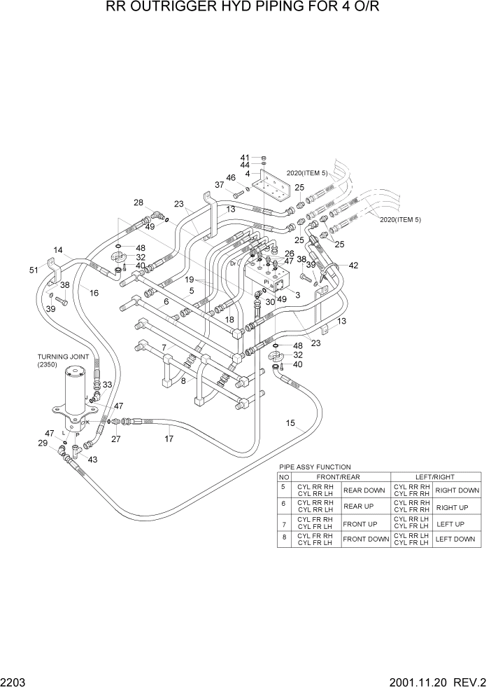 Схема запчастей Hyundai R95W3 - PAGE 2203 RR OUTRIGGER HYD PIPING FOR 4 O/R ГИДРАВЛИЧЕСКАЯ СИСТЕМА