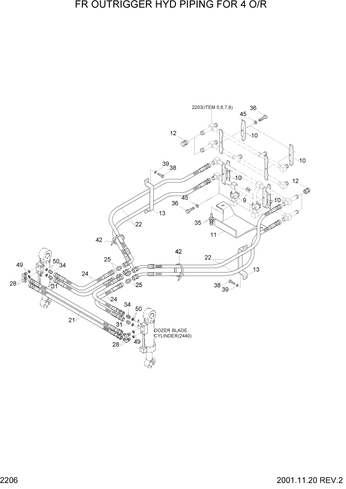 Схема запчастей Hyundai R95W3 - PAGE 2206 FR OUTRIGGER HYD PIPING FOR 4 O/R ГИДРАВЛИЧЕСКАЯ СИСТЕМА