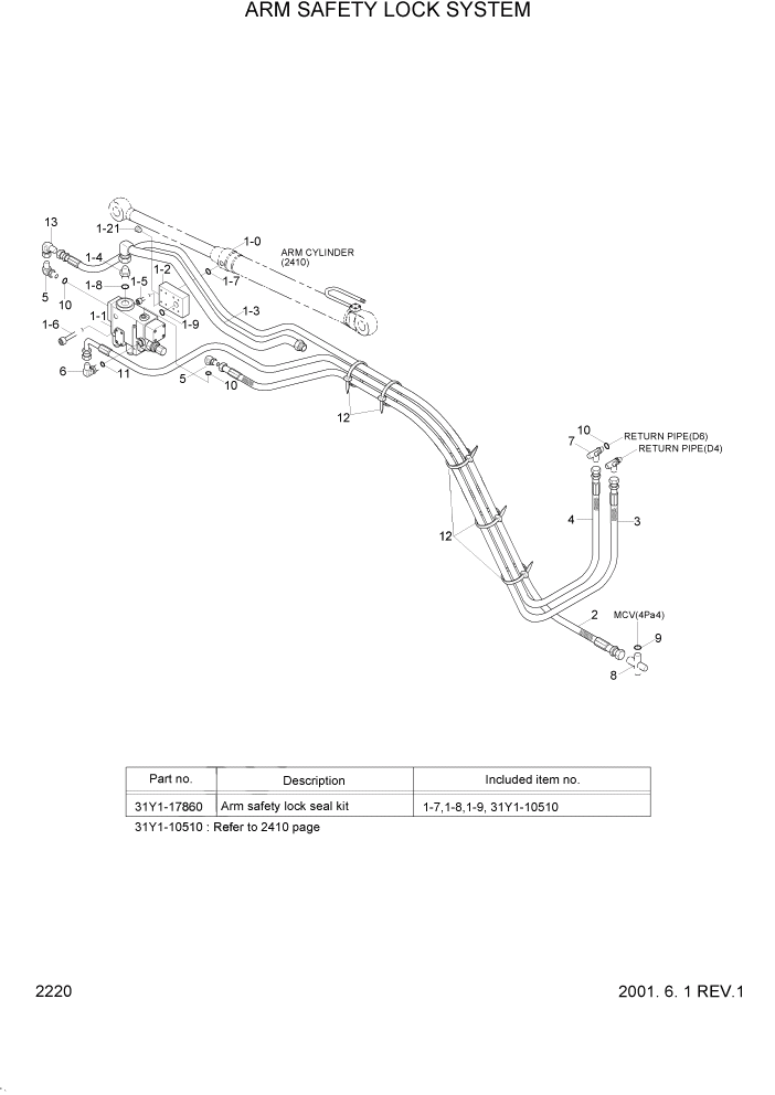 Схема запчастей Hyundai R95W3 - PAGE 2220 ARM SAFETY LOCK SYSTEM ГИДРАВЛИЧЕСКАЯ СИСТЕМА