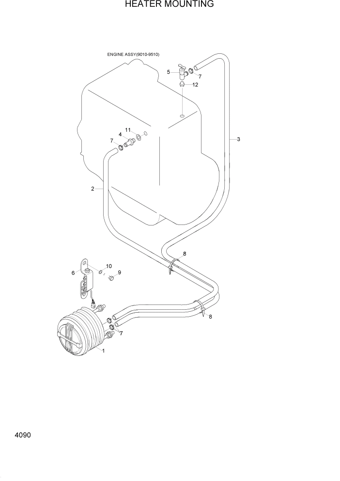 Схема запчастей Hyundai R95W3 - PAGE 4090 HEATER MOUNTING ЭЛЕКТРИЧЕСКАЯ СИСТЕМА