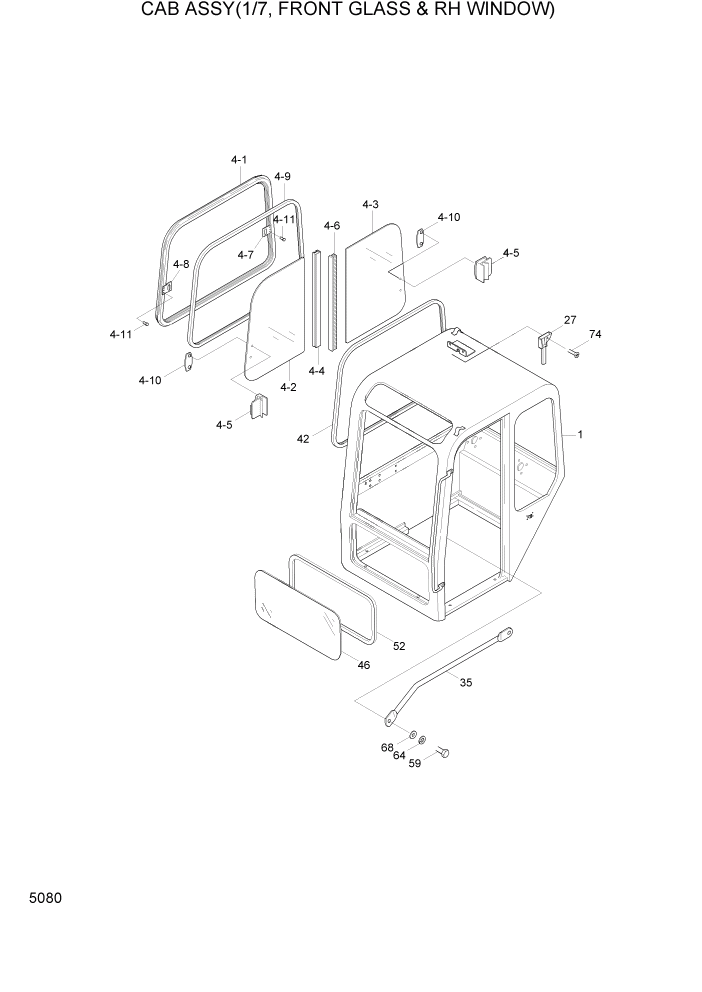 Схема запчастей Hyundai R95W3 - PAGE 5080 CAB ASSY(1/7, FRONT GLASS & RH WINDOW) ВЕРХНЯЯ ЧАСТЬ