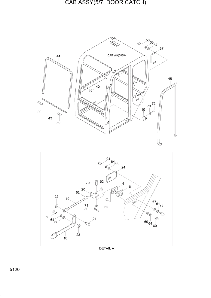 Схема запчастей Hyundai R95W3 - PAGE 5120 CAB ASSY(5/7, DOOR CATCH) ВЕРХНЯЯ ЧАСТЬ