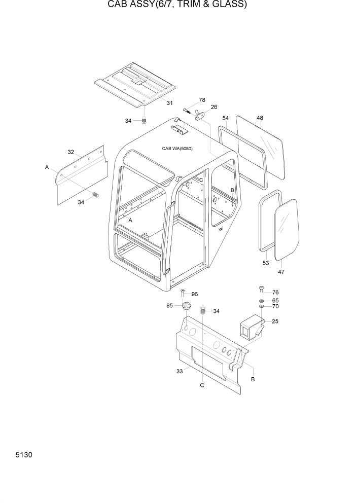 Схема запчастей Hyundai R95W3 - PAGE 5130 CAB ASSY(6/7, TRIM & GLASS) ВЕРХНЯЯ ЧАСТЬ