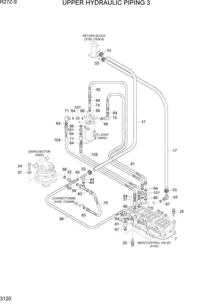 Схема запчастей Hyundai R27Z-9 - PAGE 3120 UPPER HYDRAULIC PIPING 3 ГИДРАВЛИЧЕСКАЯ СИСТЕМА