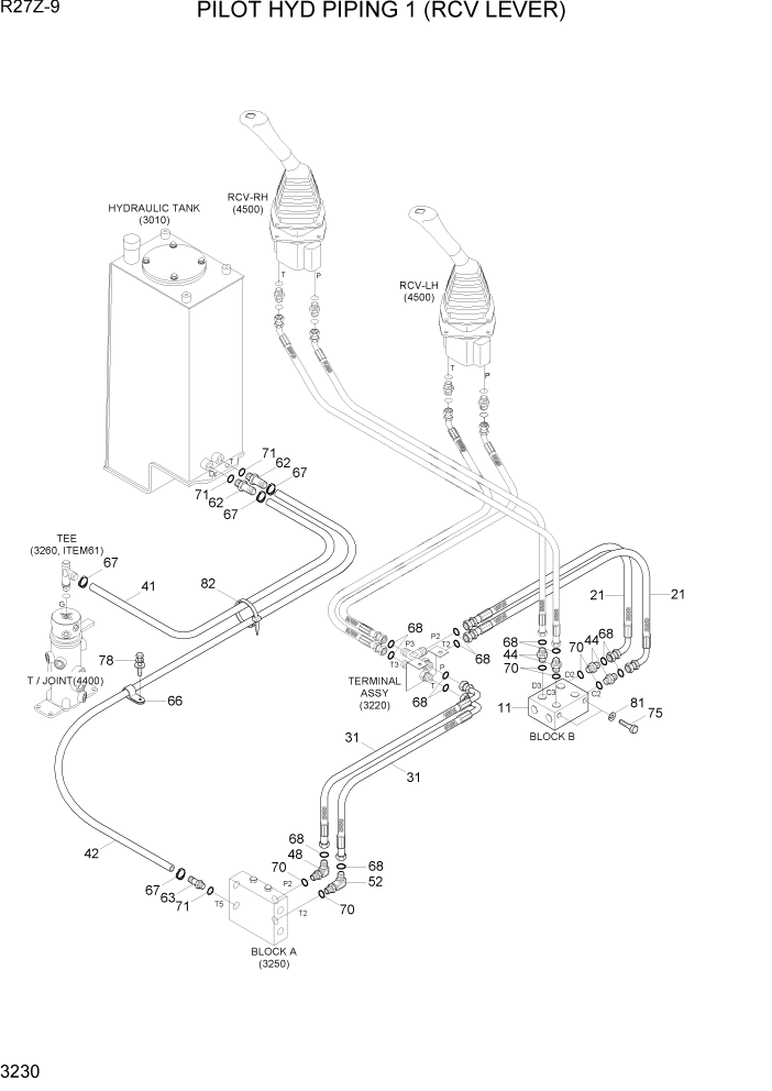 Схема запчастей Hyundai R27Z-9 - PAGE 3230 PILOT HYD PIPING 1 (RCV LEVER) ГИДРАВЛИЧЕСКАЯ СИСТЕМА