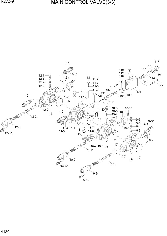 Схема запчастей Hyundai R27Z-9 - PAGE 4120 MAIN CONTROL VALVE (3/3) ГИДРАВЛИЧЕСКИЕ КОМПОНЕНТЫ