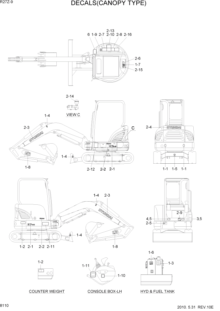 Схема запчастей Hyundai R27Z-9 - PAGE 8110 DECALS(CANOPY TYPE) РАЗНОЕ