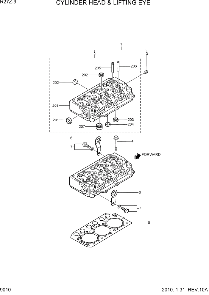 Схема запчастей Hyundai R27Z-9 - PAGE 9010 CYLINDER HEAD & LIFTING EYE ДВИГАТЕЛЬ БАЗА