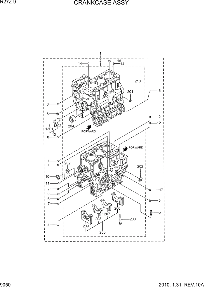 Схема запчастей Hyundai R27Z-9 - PAGE 9050 CRANKCASE ASSY ДВИГАТЕЛЬ БАЗА