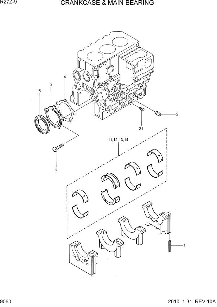 Схема запчастей Hyundai R27Z-9 - PAGE 9060 CRANKCASE & MAIN BEARING ДВИГАТЕЛЬ БАЗА