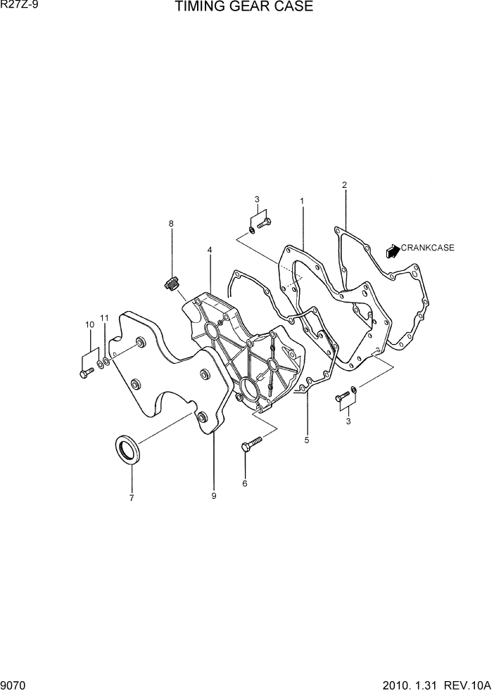 Схема запчастей Hyundai R27Z-9 - PAGE 9070 TIMING GEAR CASE ДВИГАТЕЛЬ БАЗА