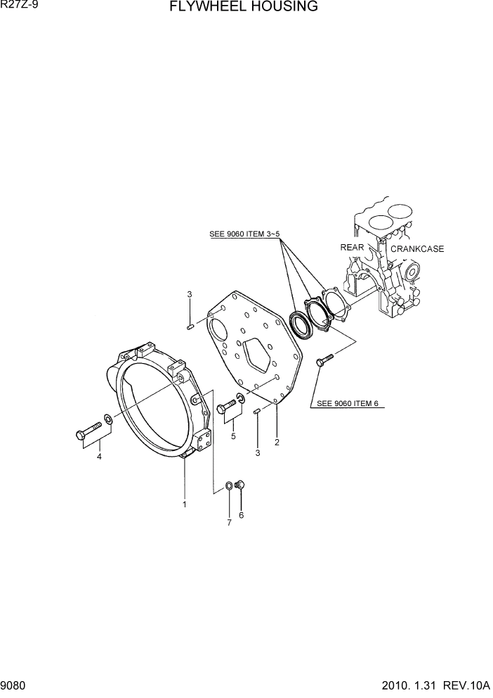 Схема запчастей Hyundai R27Z-9 - PAGE 9080 FLYWHEEL HOUSING ДВИГАТЕЛЬ БАЗА