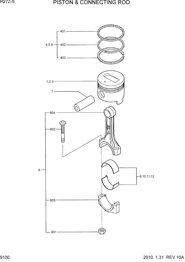 Схема запчастей Hyundai R27Z-9 - PAGE 9100 PISTON & CONNECTING ROD ДВИГАТЕЛЬ БАЗА