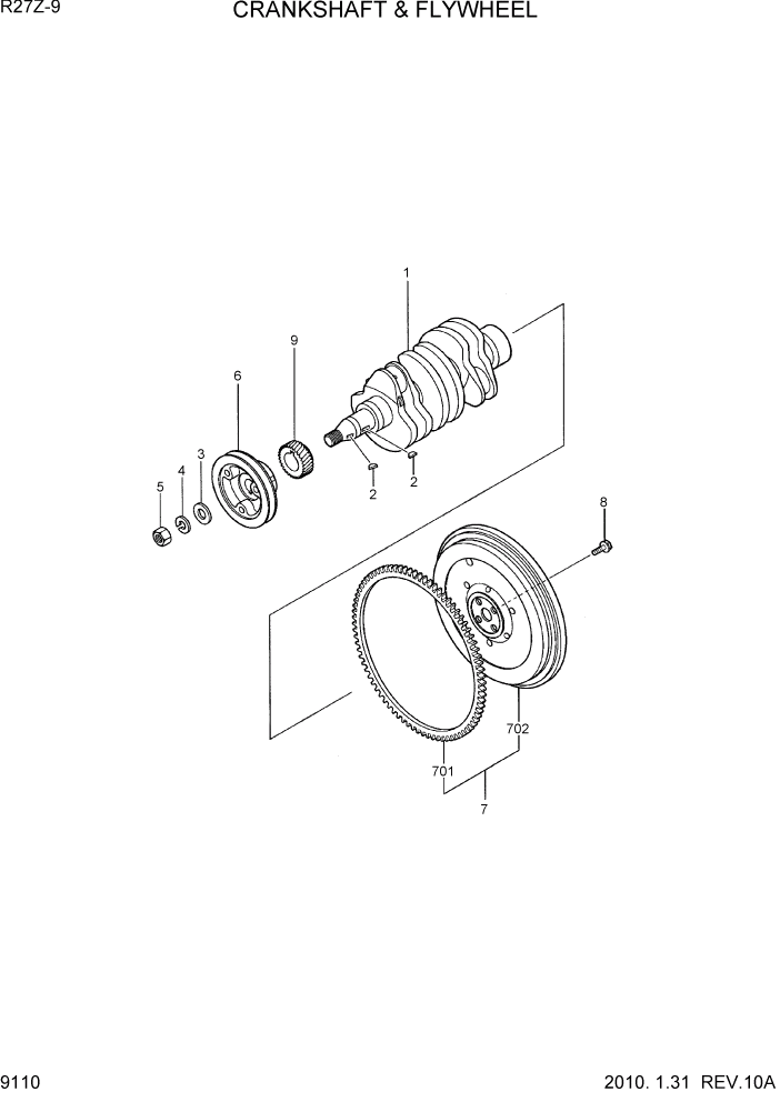 Схема запчастей Hyundai R27Z-9 - PAGE 9110 CRANKSHAFT & FLYWHEEL ДВИГАТЕЛЬ БАЗА