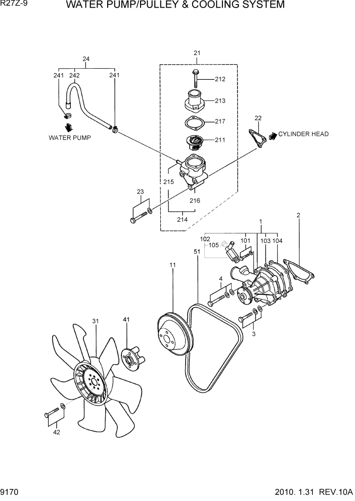 Схема запчастей Hyundai R27Z-9 - PAGE 9170 WATER PUMP/PULLEY & COOLING SYSTEM ДВИГАТЕЛЬ БАЗА