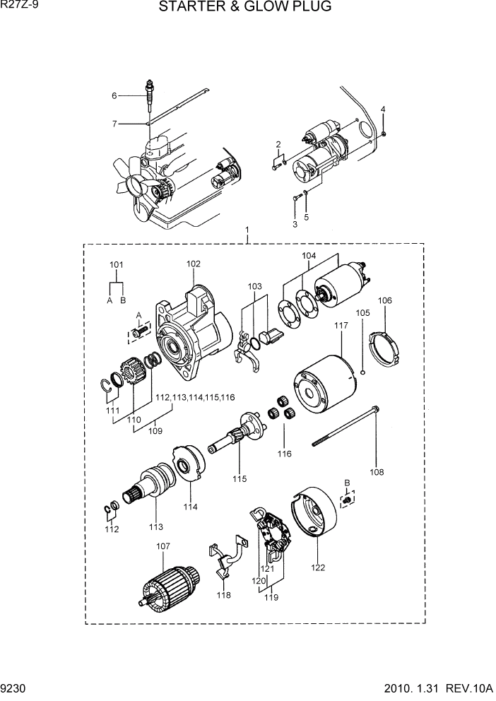 Схема запчастей Hyundai R27Z-9 - PAGE 9230 STARTER & GLOW PLUG ДВИГАТЕЛЬ БАЗА