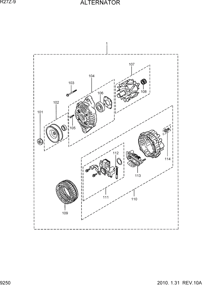 Схема запчастей Hyundai R27Z-9 - PAGE 9250 ALTERNATOR(12V-50A) ДВИГАТЕЛЬ БАЗА