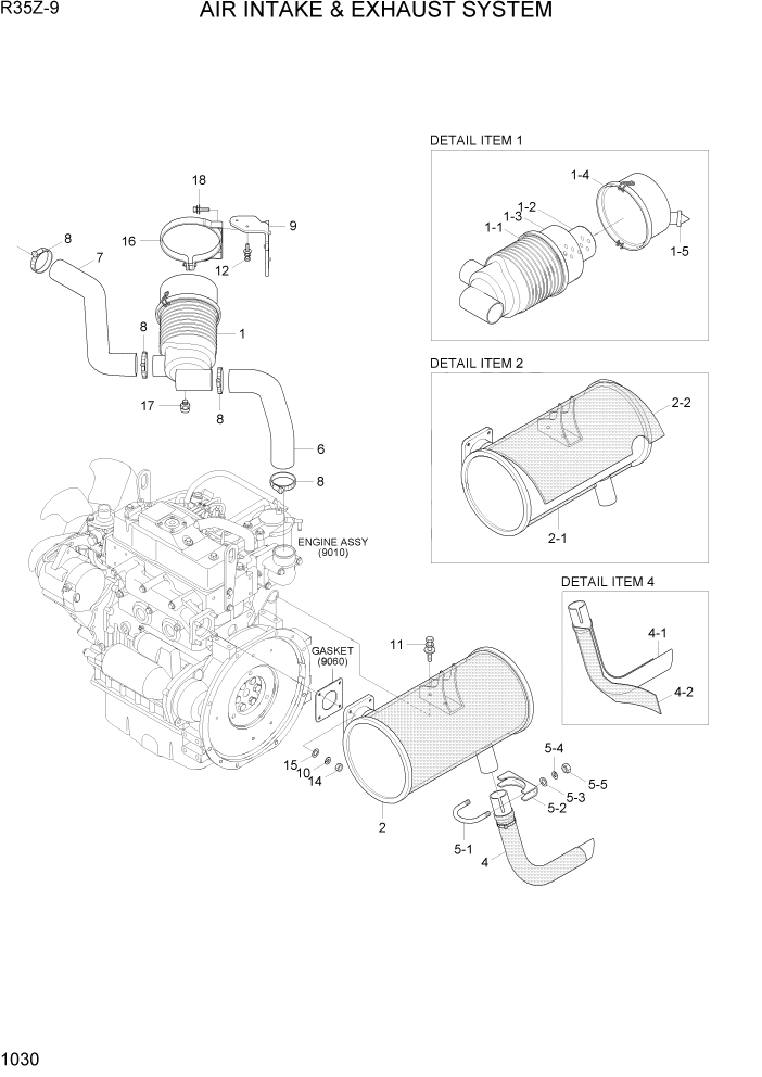 Схема запчастей Hyundai R35Z9 - PAGE 1030 AIR INTAKE & EXHAUST SYSTEM СИСТЕМА ДВИГАТЕЛЯ