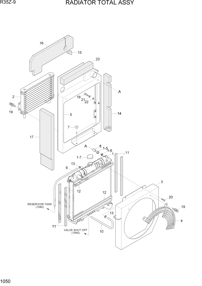 Схема запчастей Hyundai R35Z9 - PAGE 1050 RADIATOR TOTAL ASSY СИСТЕМА ДВИГАТЕЛЯ