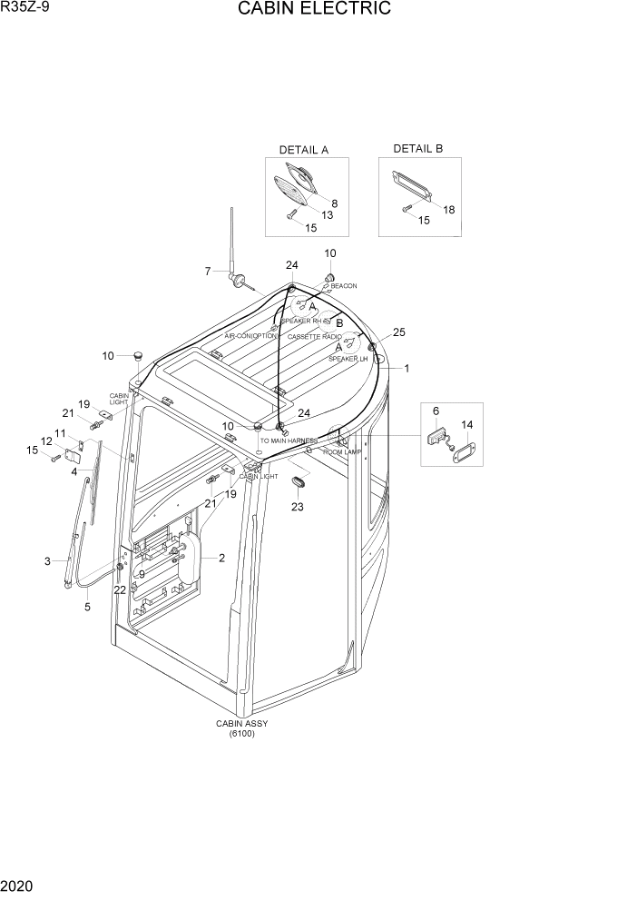 Схема запчастей Hyundai R35Z9 - PAGE 2020 CABIN ELECTRIC ЭЛЕКТРИЧЕСКАЯ СИСТЕМА