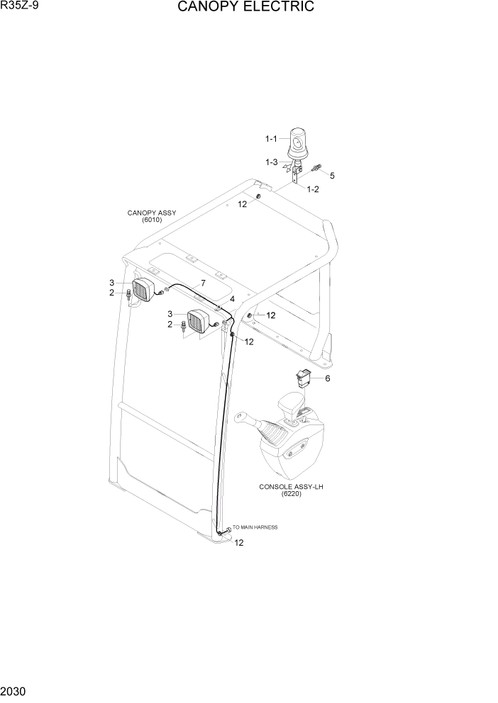 Схема запчастей Hyundai R35Z9 - PAGE 2030 CANOPY ELECTRIC ЭЛЕКТРИЧЕСКАЯ СИСТЕМА