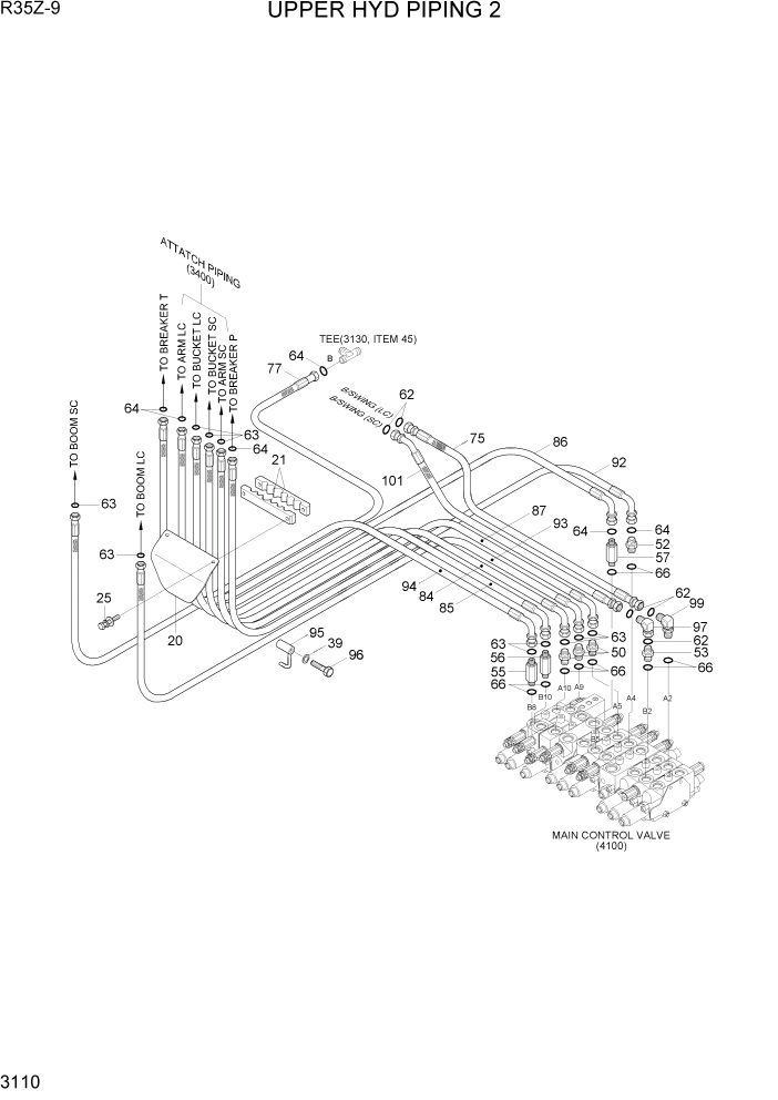 Схема запчастей Hyundai R35Z9 - PAGE 3110 UPPER HYD PIPING 2 ГИДРАВЛИЧЕСКАЯ СИСТЕМА