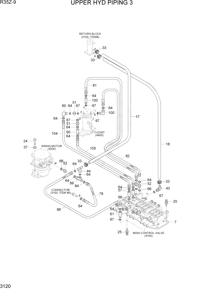 Схема запчастей Hyundai R35Z9 - PAGE 3120 UPPER HYD PIPING 3 ГИДРАВЛИЧЕСКАЯ СИСТЕМА