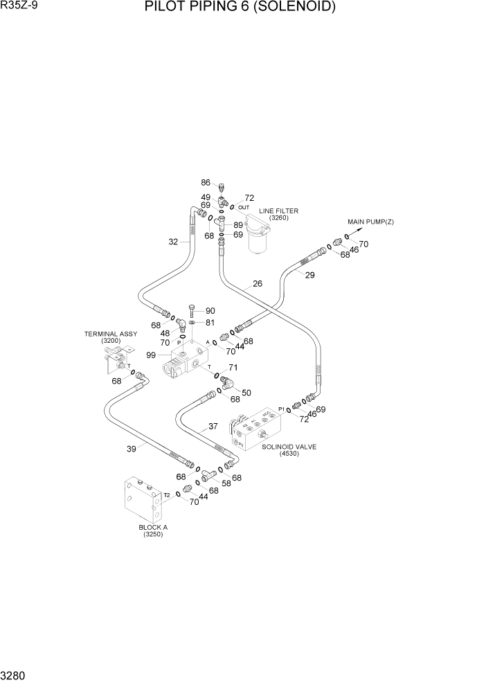 Схема запчастей Hyundai R35Z9 - PAGE 3280 PILOT HYD PIPING 6(SOLENOID) ГИДРАВЛИЧЕСКАЯ СИСТЕМА