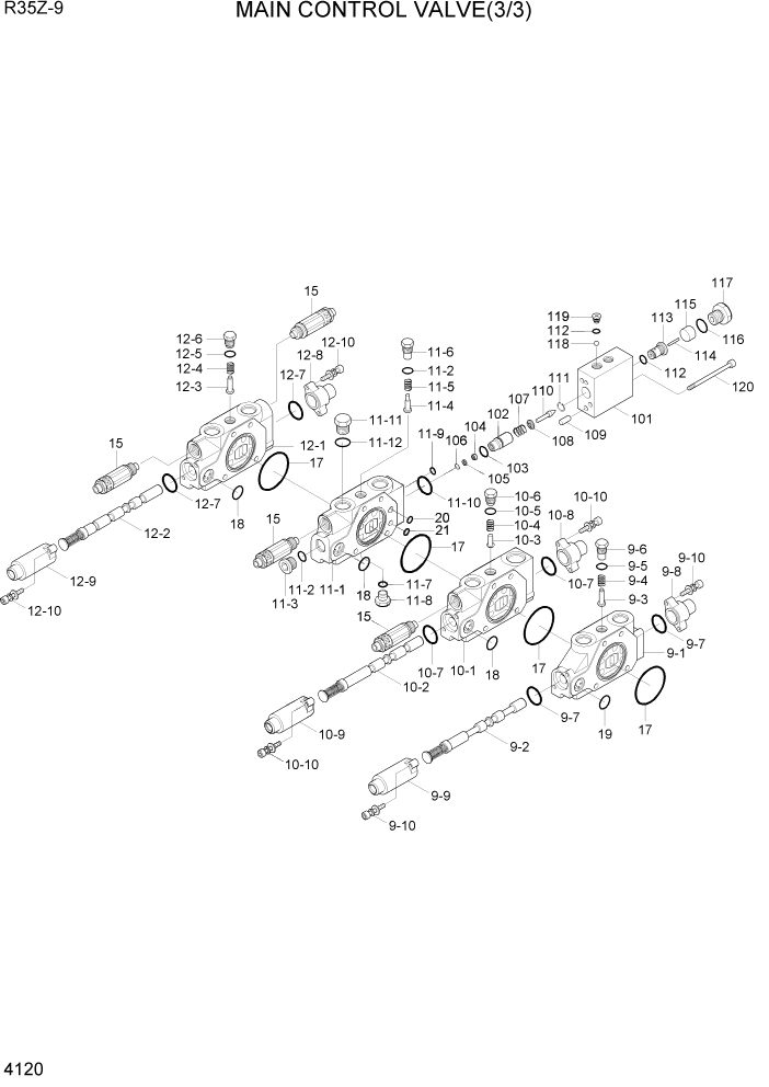 Схема запчастей Hyundai R35Z9 - PAGE 4120 MAIN CONTROL VALVE(3/3) ГИДРАВЛИЧЕСКИЕ КОМПОНЕНТЫ