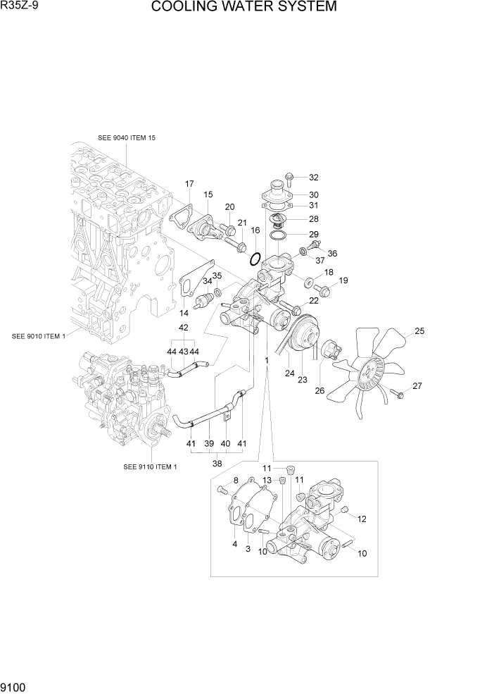 Схема запчастей Hyundai R35Z9 - PAGE 9100 COOLING WATER SYSTEM ДВИГАТЕЛЬ БАЗА