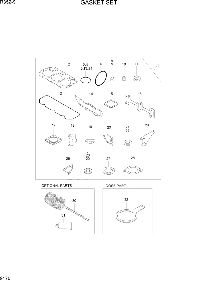 Схема запчастей Hyundai R35Z9 - PAGE 9170 GASKET SET ДВИГАТЕЛЬ БАЗА