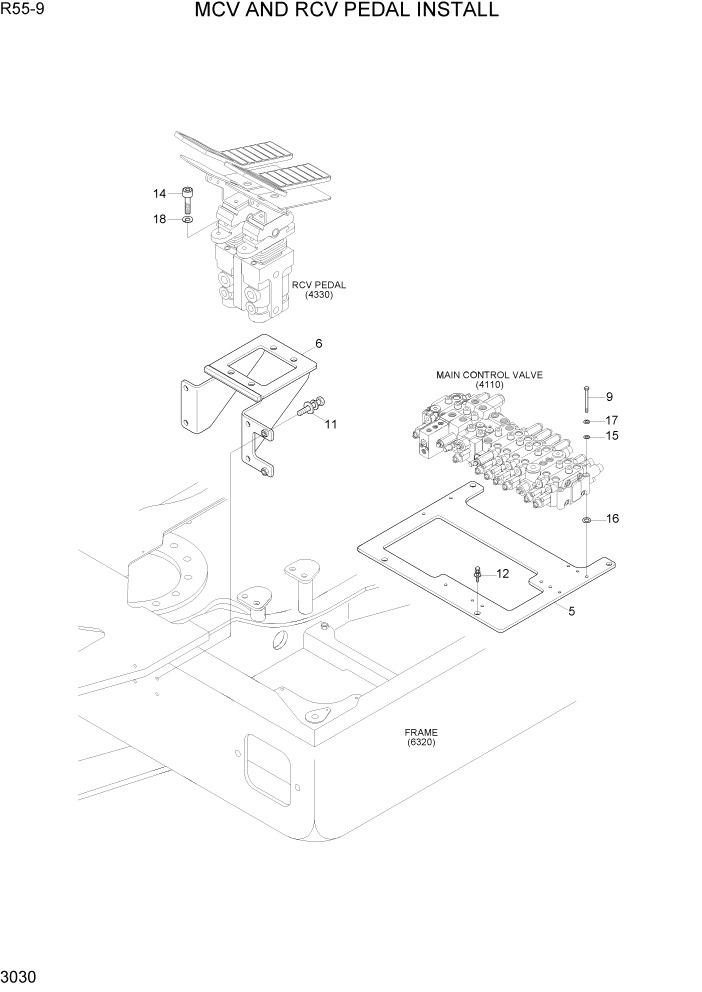 Схема запчастей Hyundai R55-9 - PAGE 3030 MCV AND RCV PEDAL INSTALL ГИДРАВЛИЧЕСКАЯ СИСТЕМА