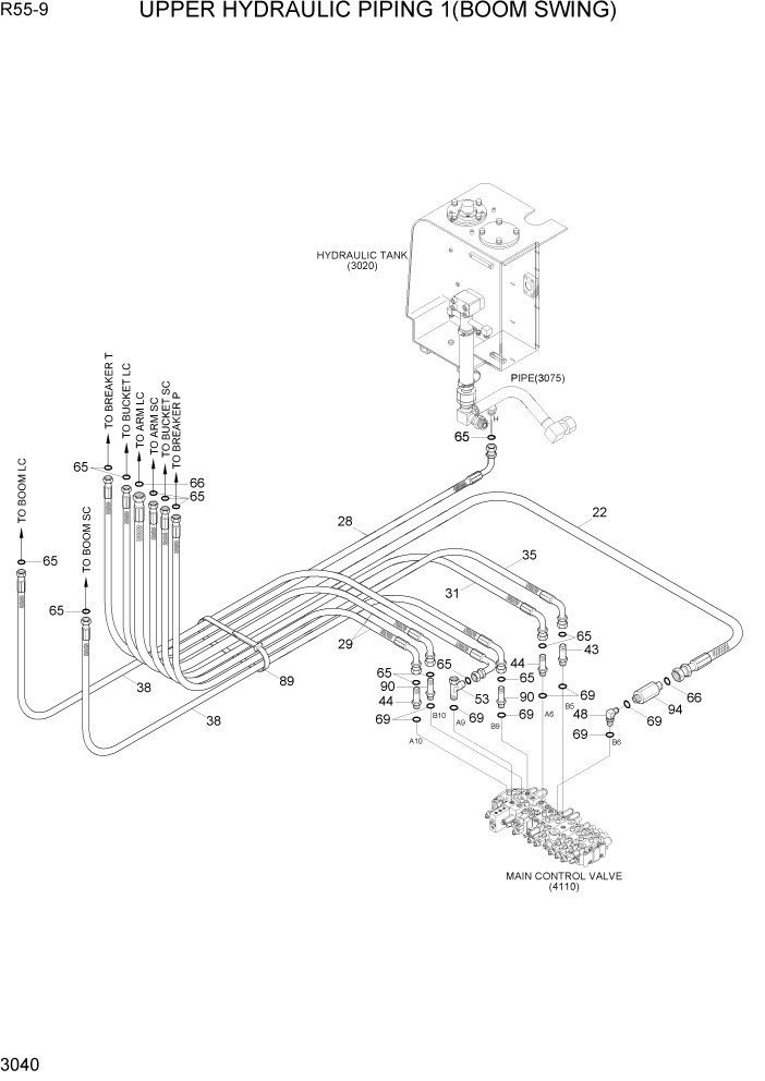 Схема запчастей Hyundai R55-9 - PAGE 3040 UPPER HYDRAULIC PIPING 1(BOOM SWING) ГИДРАВЛИЧЕСКАЯ СИСТЕМА