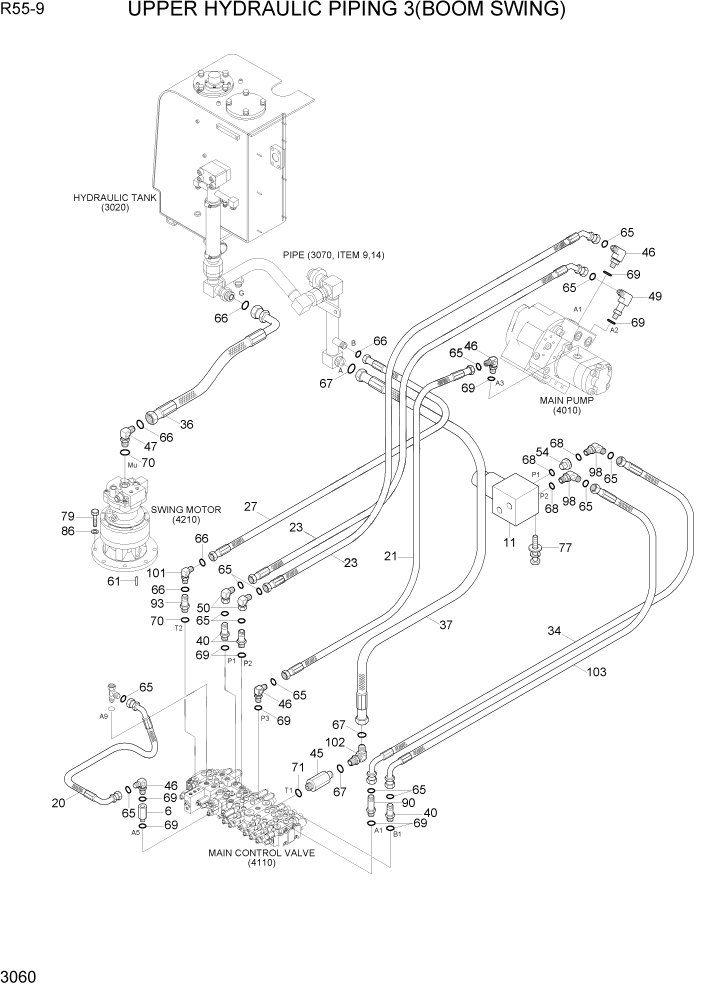 Схема запчастей Hyundai R55-9 - PAGE 3060 UPPER HYDRAULIC PIPING 3(BOOM SWING) ГИДРАВЛИЧЕСКАЯ СИСТЕМА