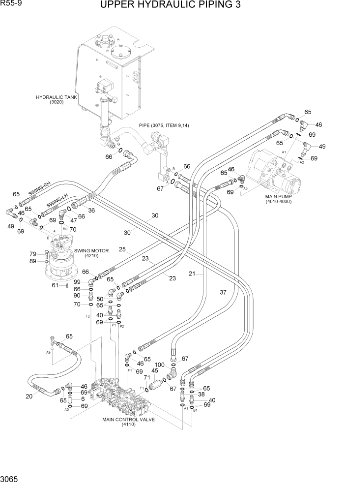 Схема запчастей Hyundai R55-9 - PAGE 3065 UPPER HYDRAULIC PIPING 3 ГИДРАВЛИЧЕСКАЯ СИСТЕМА