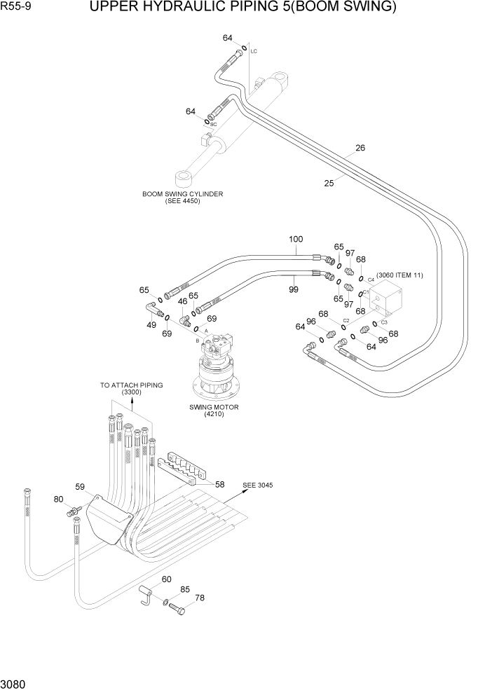 Схема запчастей Hyundai R55-9 - PAGE 3080 UPPER HYDRAULIC PIPING 5(BOOM SWING) ГИДРАВЛИЧЕСКАЯ СИСТЕМА