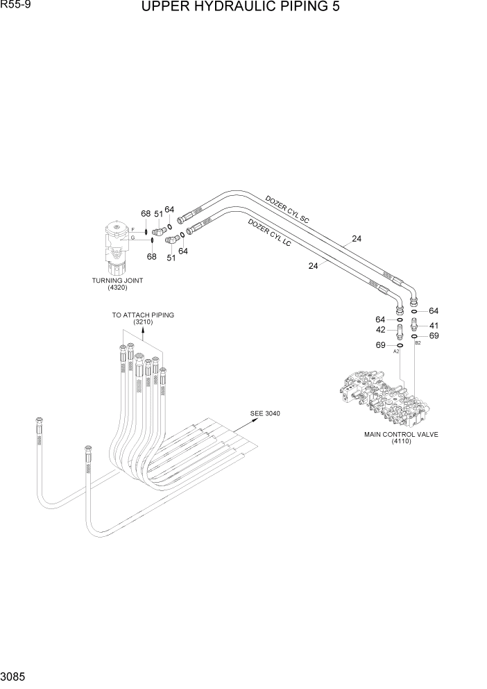 Схема запчастей Hyundai R55-9 - PAGE 3085 UPPER HYDRAULIC PIPING 5 ГИДРАВЛИЧЕСКАЯ СИСТЕМА