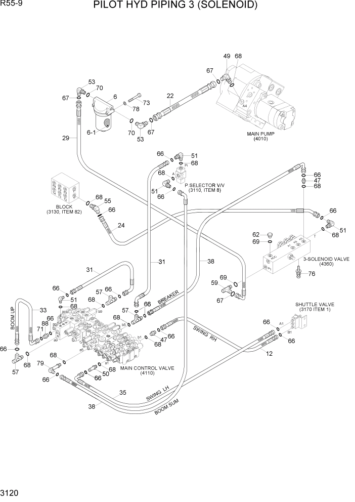 Схема запчастей Hyundai R55-9 - PAGE 3120 PILOT HYD PIPING 3 (SOLENOID) ГИДРАВЛИЧЕСКАЯ СИСТЕМА