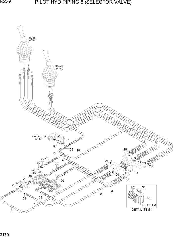 Схема запчастей Hyundai R55-9 - PAGE 3170 PILOT HYD PIPING 8 (SELECTOR VALVE) ГИДРАВЛИЧЕСКАЯ СИСТЕМА