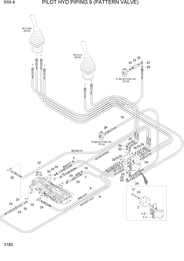 Схема запчастей Hyundai R55-9 - PAGE 3180 PILOT HYD PIPING 9 (PATTERN VALVE) ГИДРАВЛИЧЕСКАЯ СИСТЕМА