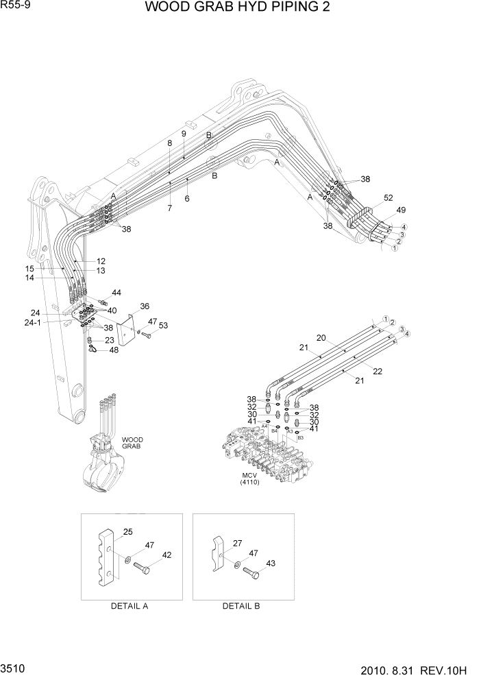 Схема запчастей Hyundai R55-9 - PAGE 3510 WOOD GRAB HYD PIPING 2 ГИДРАВЛИЧЕСКАЯ СИСТЕМА