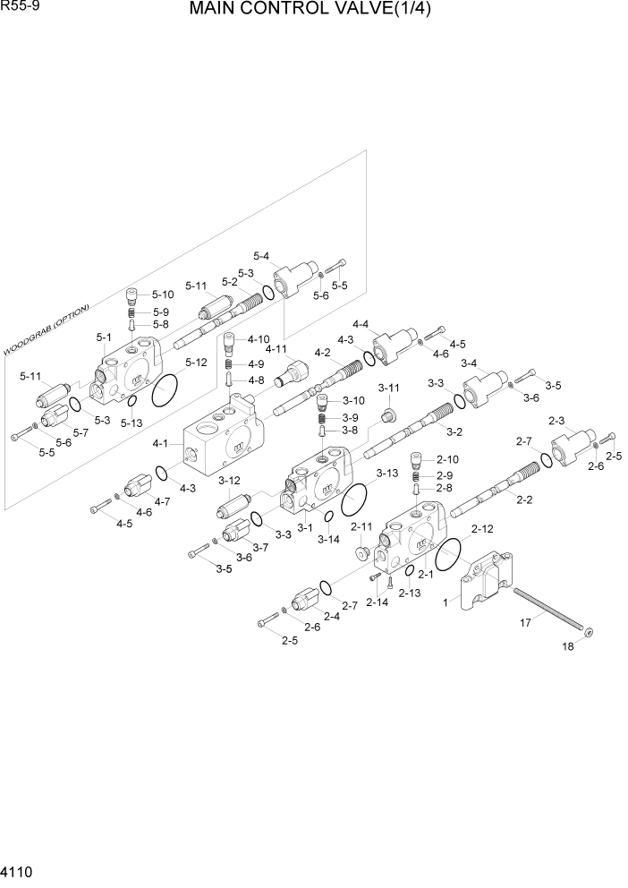 Схема запчастей Hyundai R55-9 - PAGE 4110 MAIN CONTROL VALVE(1/4) ГИДРАВЛИЧЕСКИЕ КОМПОНЕНТЫ