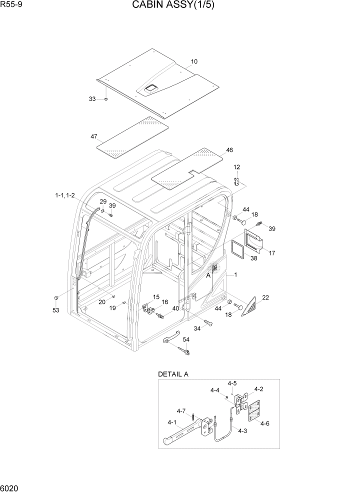 Схема запчастей Hyundai R55-9 - PAGE 6020 CABIN ASSY(1/5) СТРУКТУРА