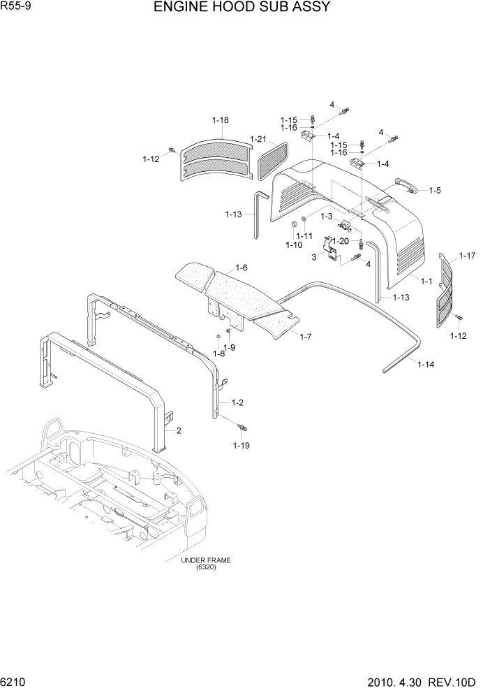 Схема запчастей Hyundai R55-9 - PAGE 6210 ENGINE HOOD SUB ASSY СТРУКТУРА