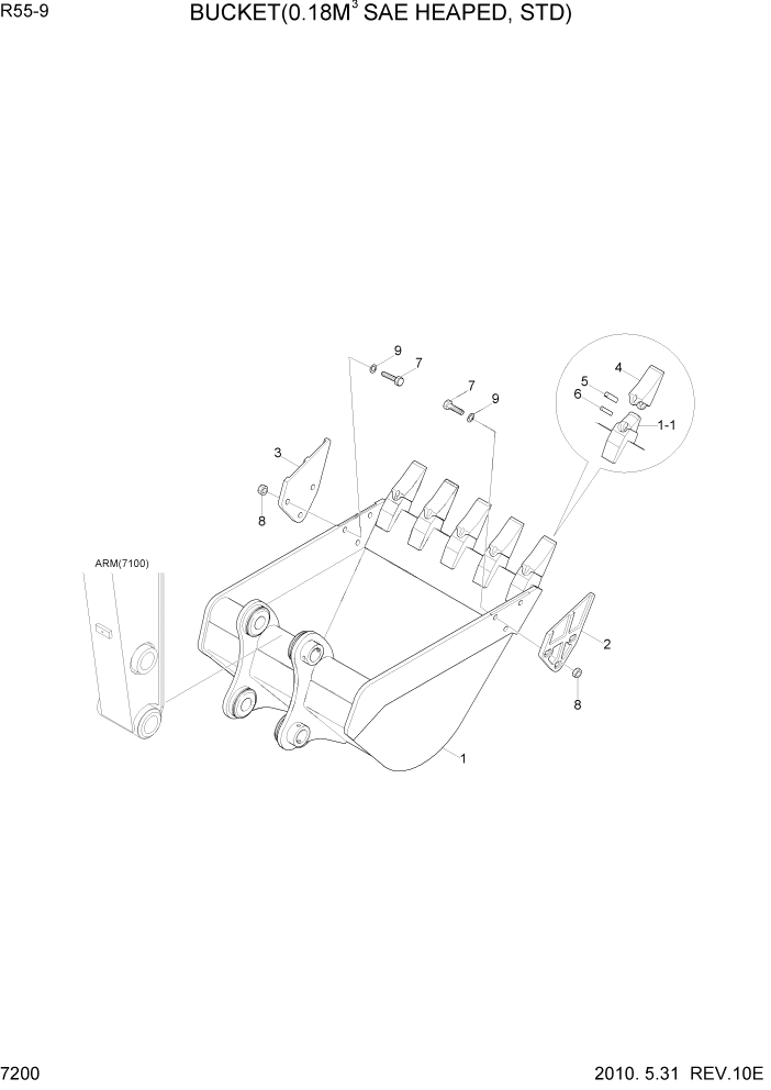 Схема запчастей Hyundai R55-9 - PAGE 7200 BUCKET(0.18M3 SAE HEAPED, STD) РАБОЧЕЕ ОБОРУДОВАНИЕ