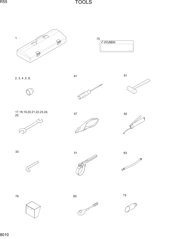 Схема запчастей Hyundai R55-9 - PAGE 8010 TOOLS ДРУГИЕ ЧАСТИ