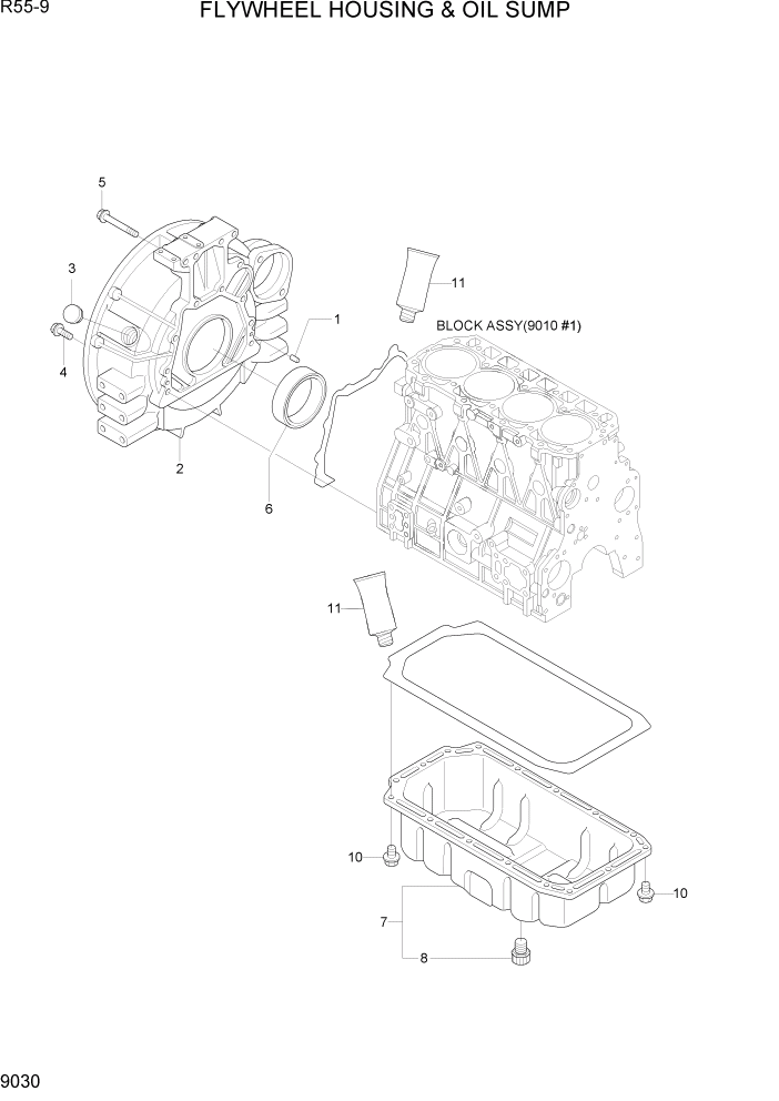 Схема запчастей Hyundai R55-9 - PAGE 9030 FLYWHEEL HOUSING & OIL SUMP ДВИГАТЕЛЬ БАЗА